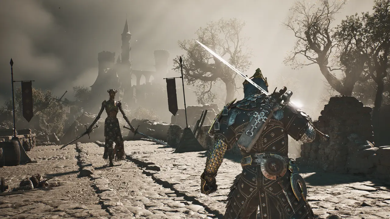 Official Mortal Shell II screenshot of an armored Shell in a one-on-one duel