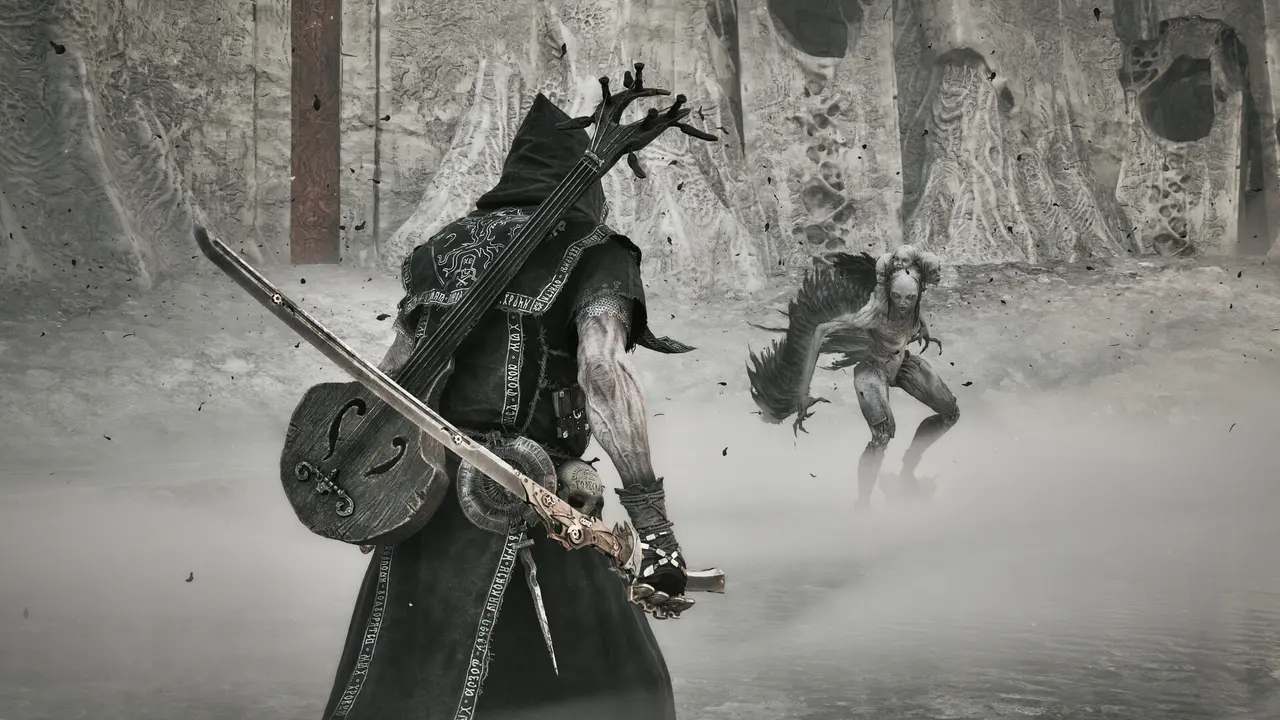 Official Mortal Shell II screenshot of a hooded Shell carrying a sidearm, blade, and lute