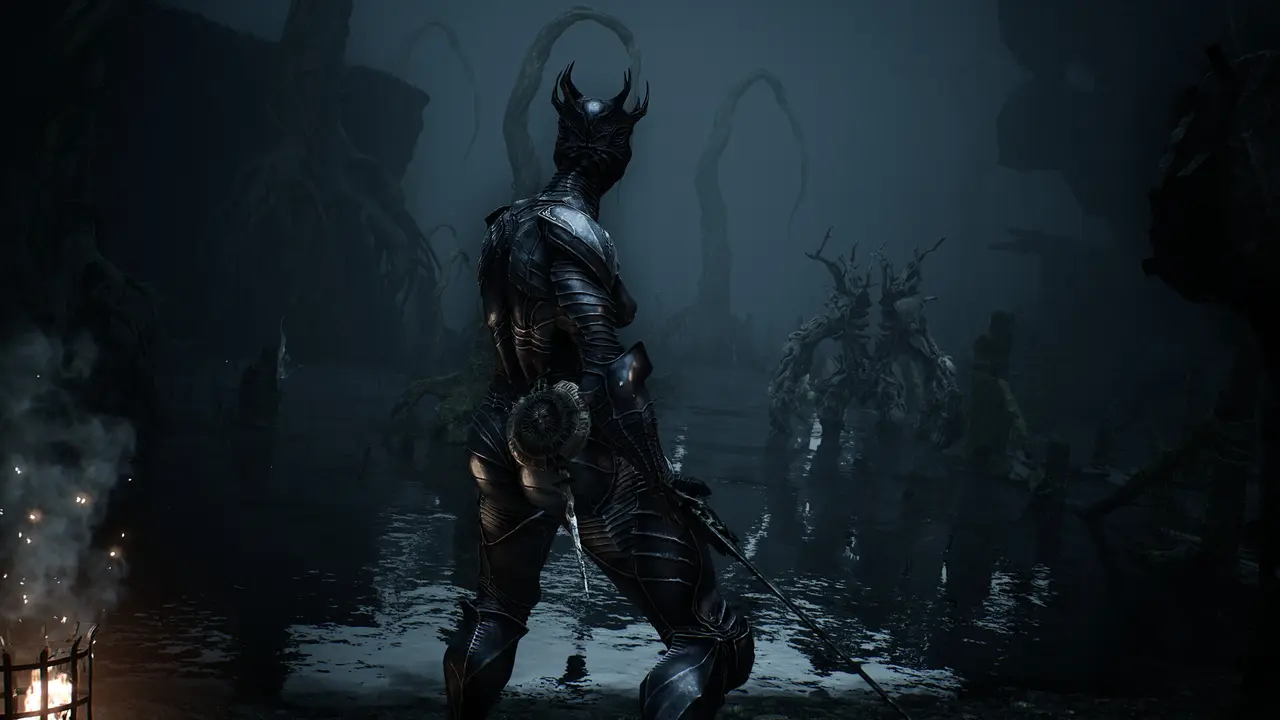 Official Mortal Shell 2 screenshot showing a Shell in a Fainweald swamp